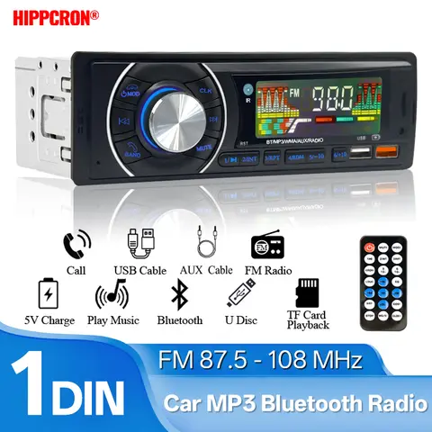 HIPPCRON 차량용 라디오 1din 블루투스 오디오 스테레오 FM 수신기 디지털 MP3 플레이어 12V 듀얼 USB AUX 입력 TF 카드 지원