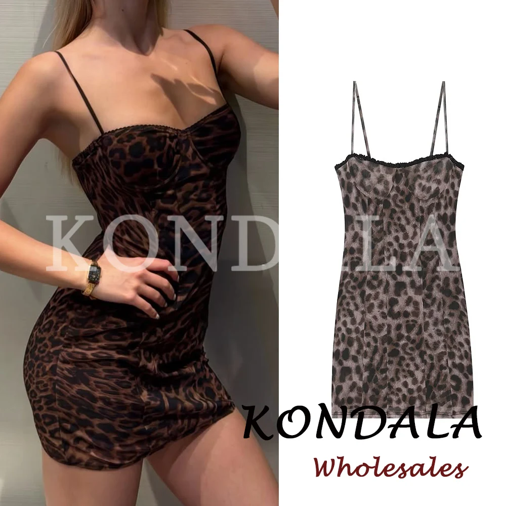 

KONDALA Chic Vintage Leopard Print Women Dresses Mini Camisole Sheath Vestidos Backless Midi Fashion 2026 Summer Elegant Dress