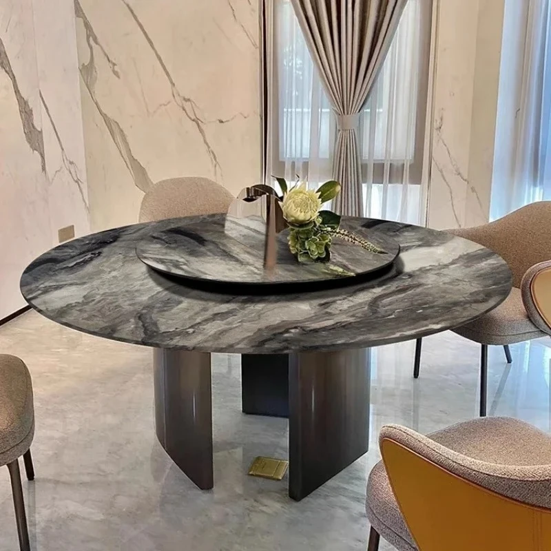

High-end marble luxury stone home with turntable dining table and chairs