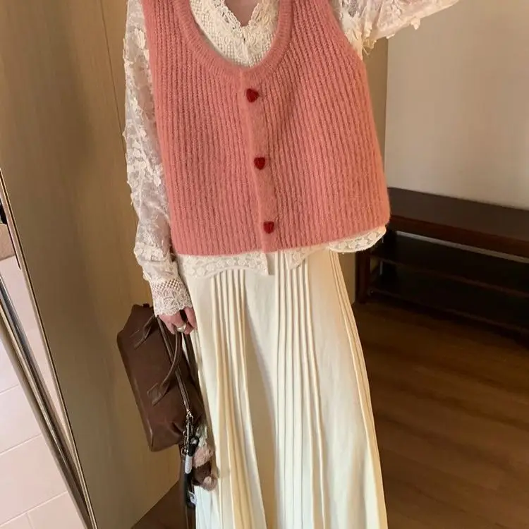 سترة صوفية متماسكة جميلة على شكل قلب، سترة كورية بدون أكمام، مثالية لجميع المواسم