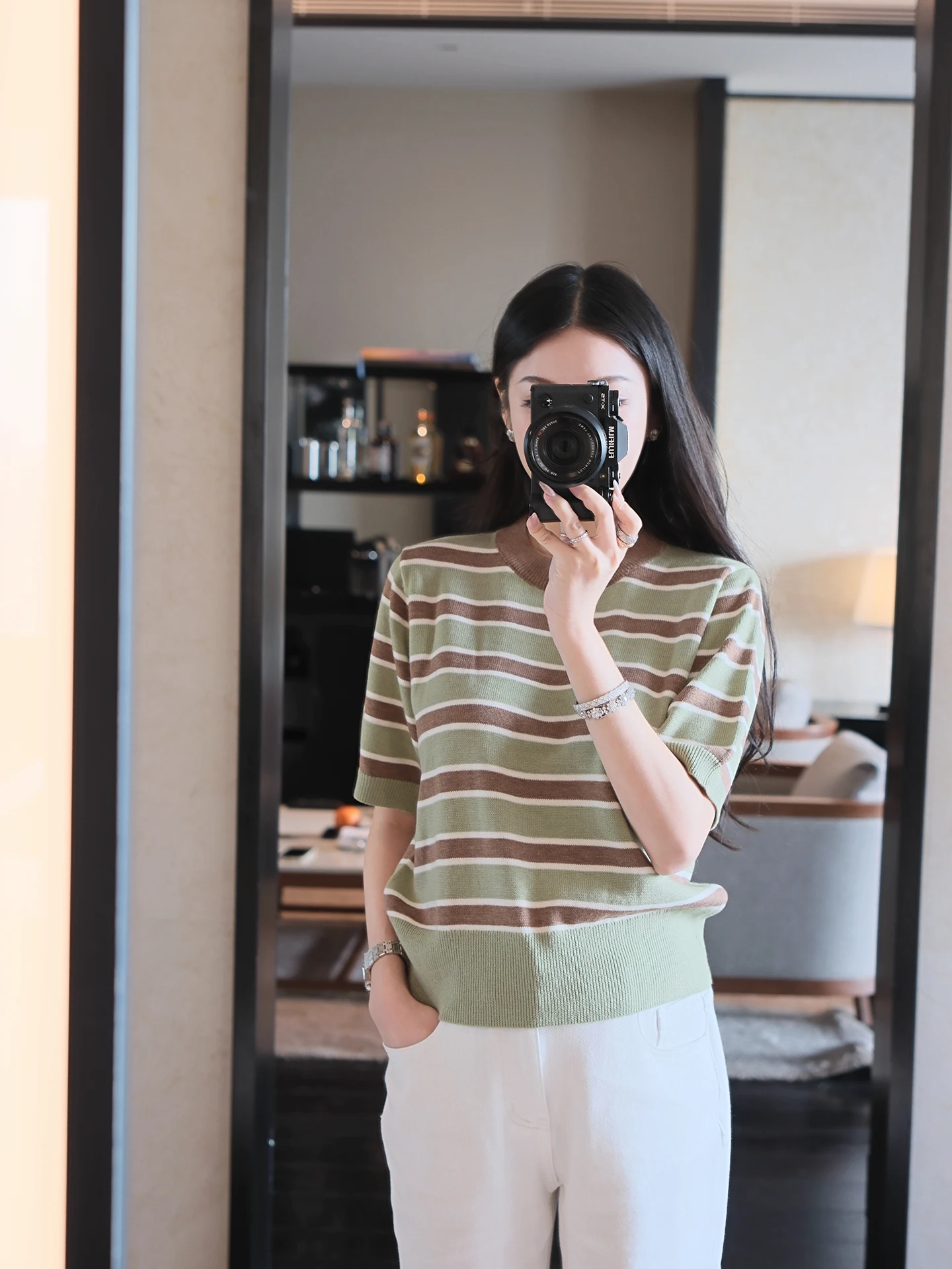 

Boamarket Women's Knitted Wool Short Sleeve T-shirt Casual Style Slim Fit round Neck Striped Top for Spring Summer 2026