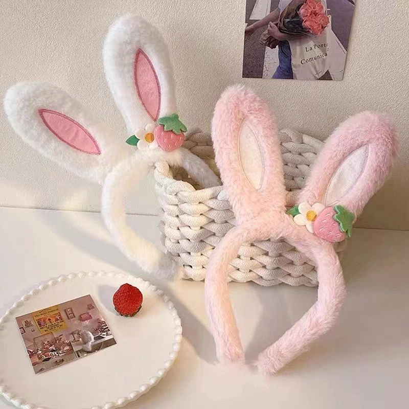 Diadema con Orejas de conejo para el cabello, accesorios para el cabello con flores bonitas, aro de pelo de dibujos animados de estilo coreano, tocado de fresa, aro de pelo de felpa para fotografía