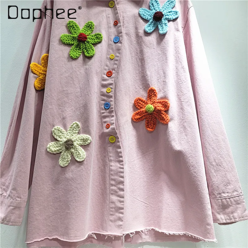 ربيع الخريف جديد الثقيلة التطريز الأزهار قميص دينيم للنساء ركاب نمط موضة فضفاضة عادية كم طويل بلوزة الإناث