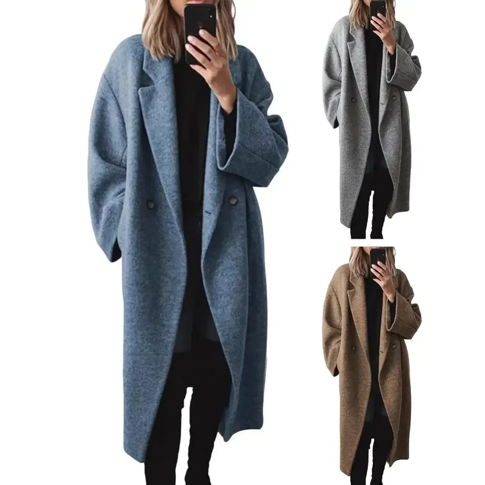 Fashion Dark Grey Stripe Lapel Overcoat Women Full Sleeve Loose Long Coat 2024 Autumn Winter Lady Commute