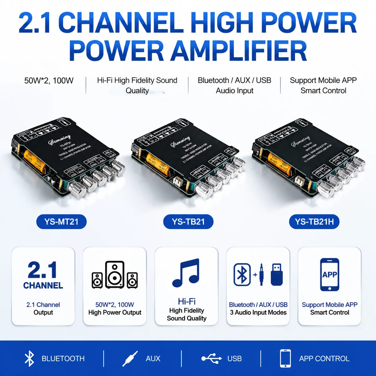 Placa Amplificadora Bluetooth MT21 TB21 TB21H 2.1 Canais 200W Classe D 50W*2+100W Subwoofer Graves Agudos USB APP MIC KTV 12-24V HiFi AUX para Caixa de Som