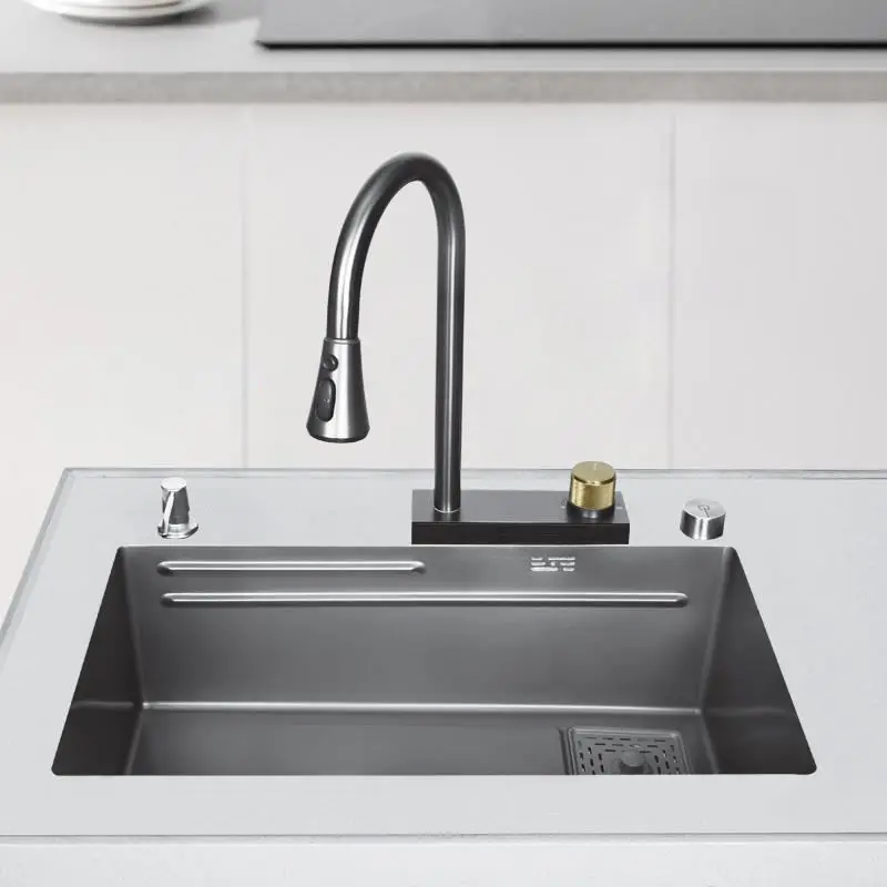 Hot Sale Brushed Kitchen Sink Silver Multifunction Luxury Sinks Kitchen China Smart Waterfall Kitchen Sink Set
