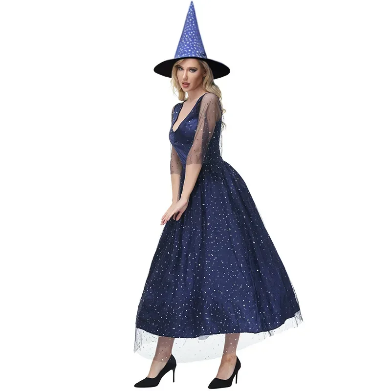 Halloween adulto com decote em v gaze azul estrela lua bruxa cosplay traje