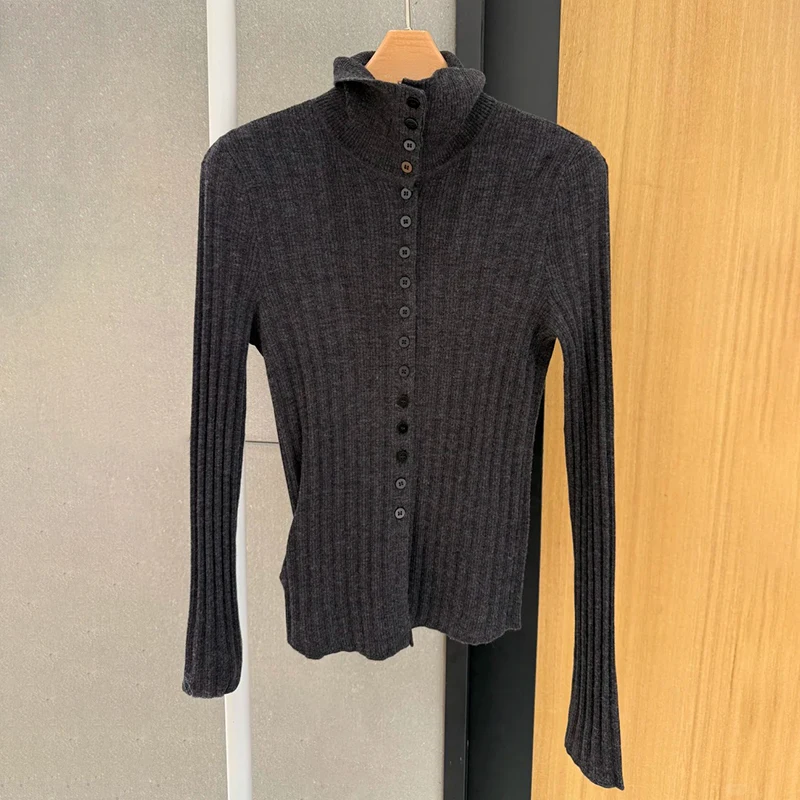 

Элитный женский вязаный свитер с пуговицами, высоким воротом, облегающий, в полоску, повседневный, модный, зимний, новинка