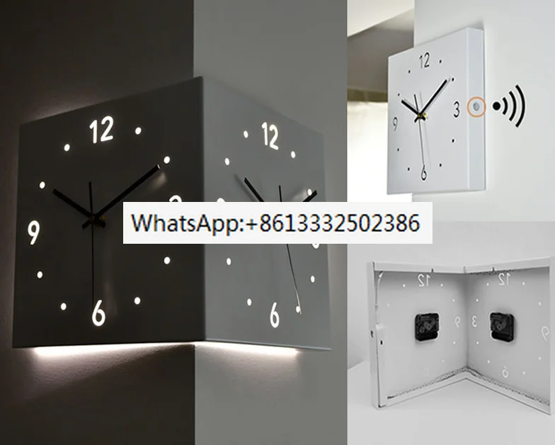 Modern Double-sided White Wall Clock Steel Angle Digital Hollowed-out Induction Lamp with Mute No Hole Pure Color Wall Clock