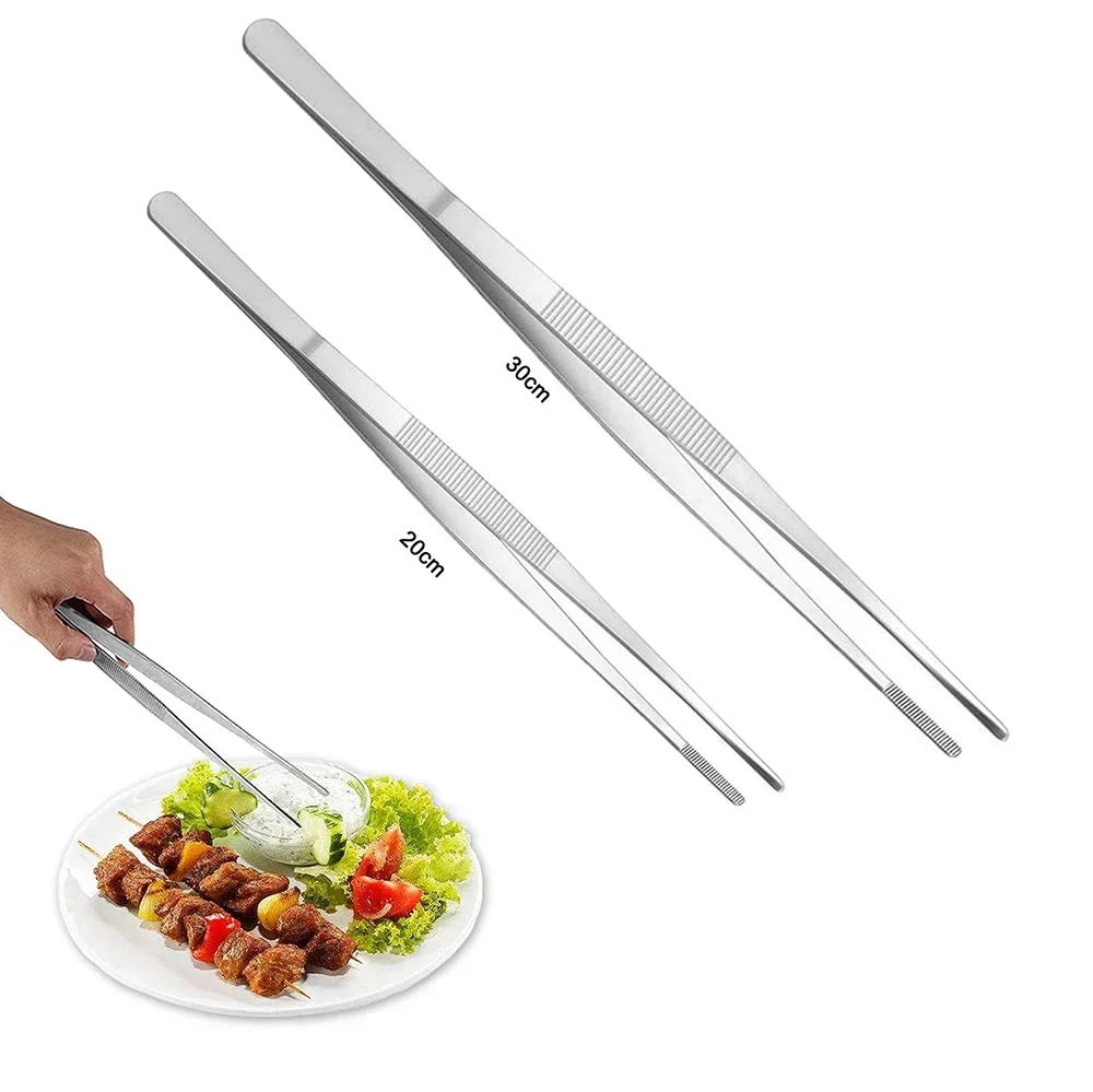 20CM/30CM Home Medical Garden Kitchen BBQ Tool Long Barbecue Food Tong Stainless Steel Straight Tweezer Toothed Tweezer