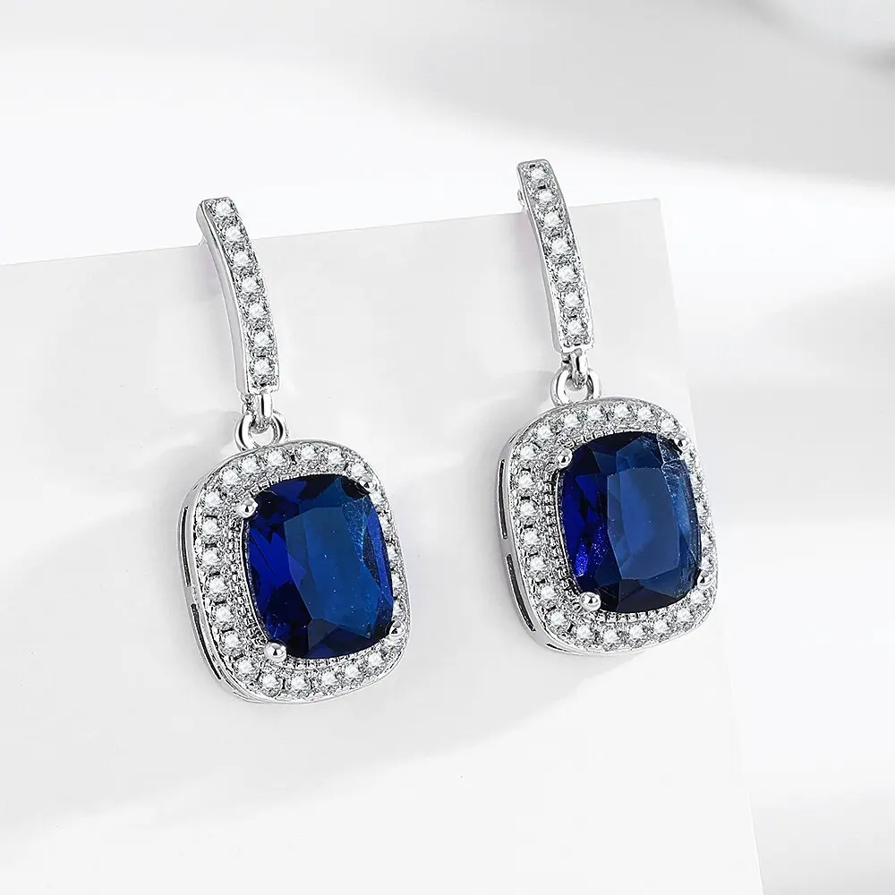 Classic Royal Blue Zircon Square Stud Earrings For Women Silver Color Bridal Wedding Engagement Party Jewelry Mothers Day Gifts