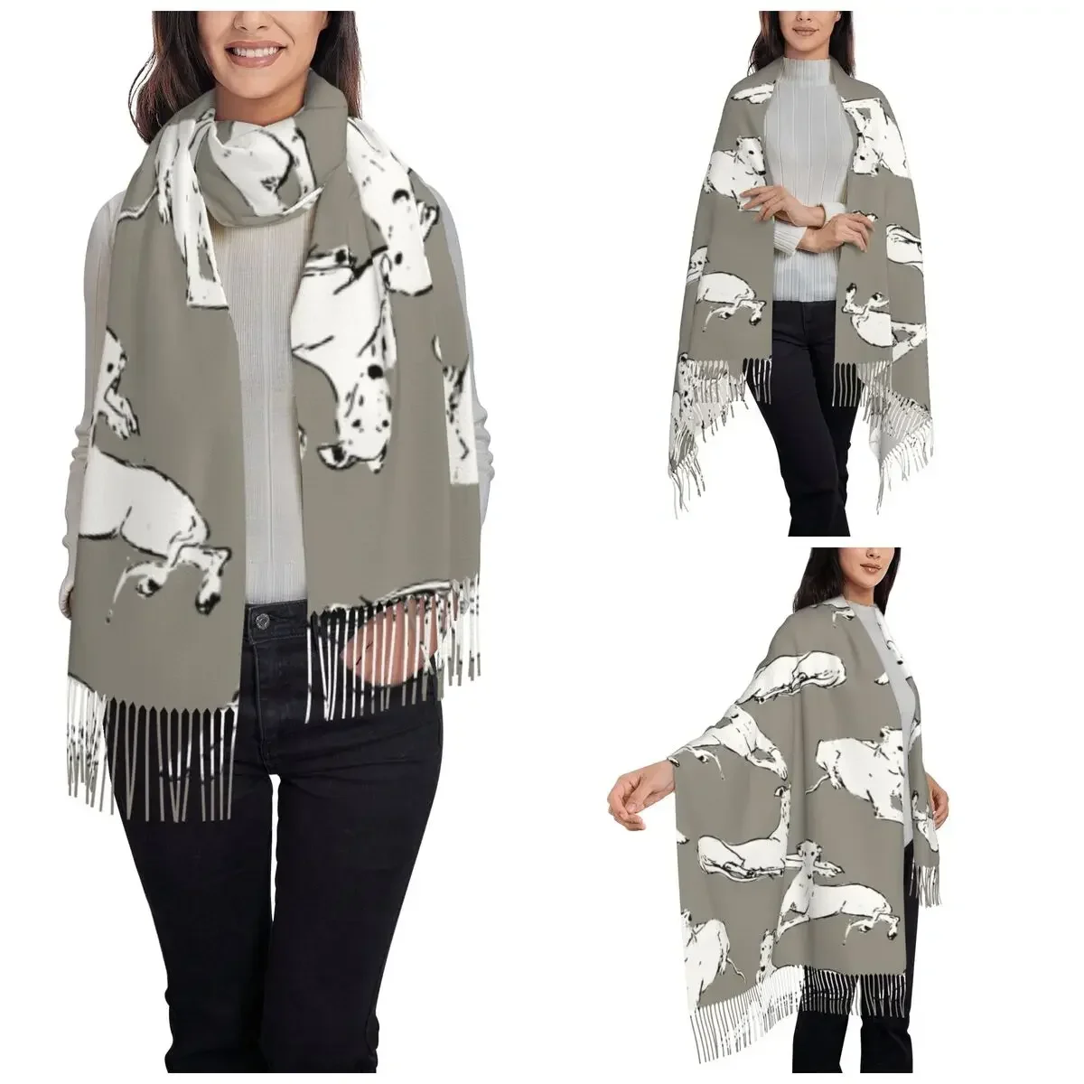 Women's Tassel Scarf Relaxing Greyhound Whippet Long Winter Warm Shawl Wrap Sighthound Dog Gifts Cashmere Scarf