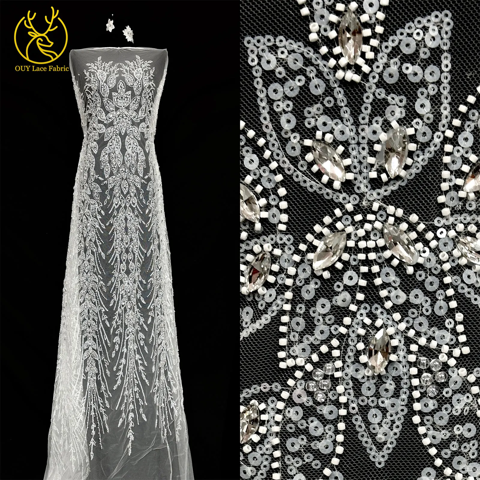Nigerianisches weißes Hochzeitskleid Tüll-Mesh-Spitzenstoff Hochwertiger französischer Stein-Spitzenstoff Afrikanischer Perlen-Pailletten-Spitzenstoff – Detail 11