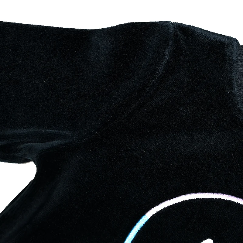 Children boy and girls long sleeve black set top and pant round neck 2pcs set teen casual black velour pajamas smile embroidery - Image 5