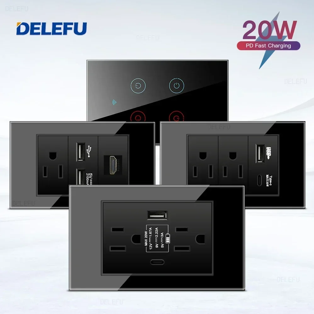 DELEFU Black Tempered Glass American Standard Series 118*74mm USB-C Wall Socket Switch Satellite TV Phone CAT5 CAT6