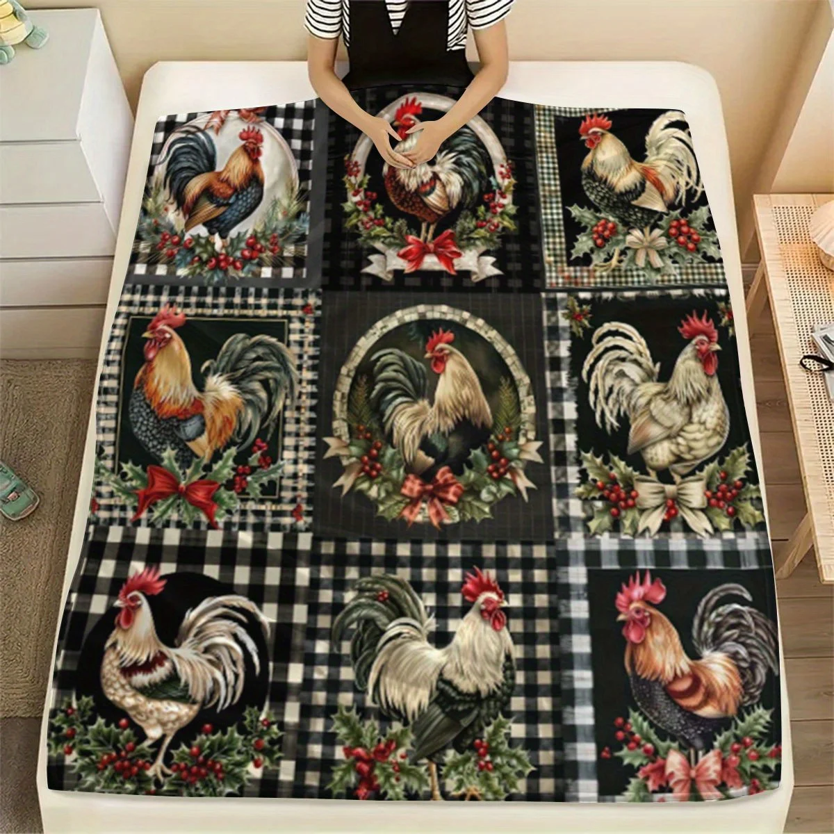 1pc Comfortable American Vintage Rooster Medieval Rustic Country Themed Pattern Flannel Small Throw Blanket, Soft and Warm Blank