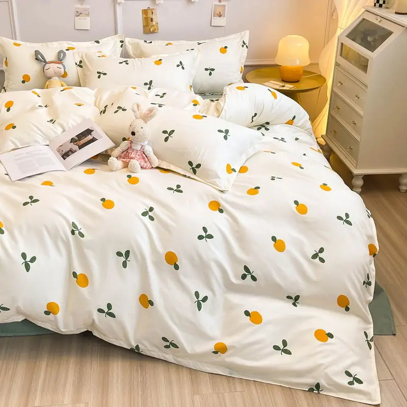 Ins Style Cute Orange Flower Printed Duvet Cover Set with Flat Sheet Pillowcases Single Double Queen Size Girls Home Bedding