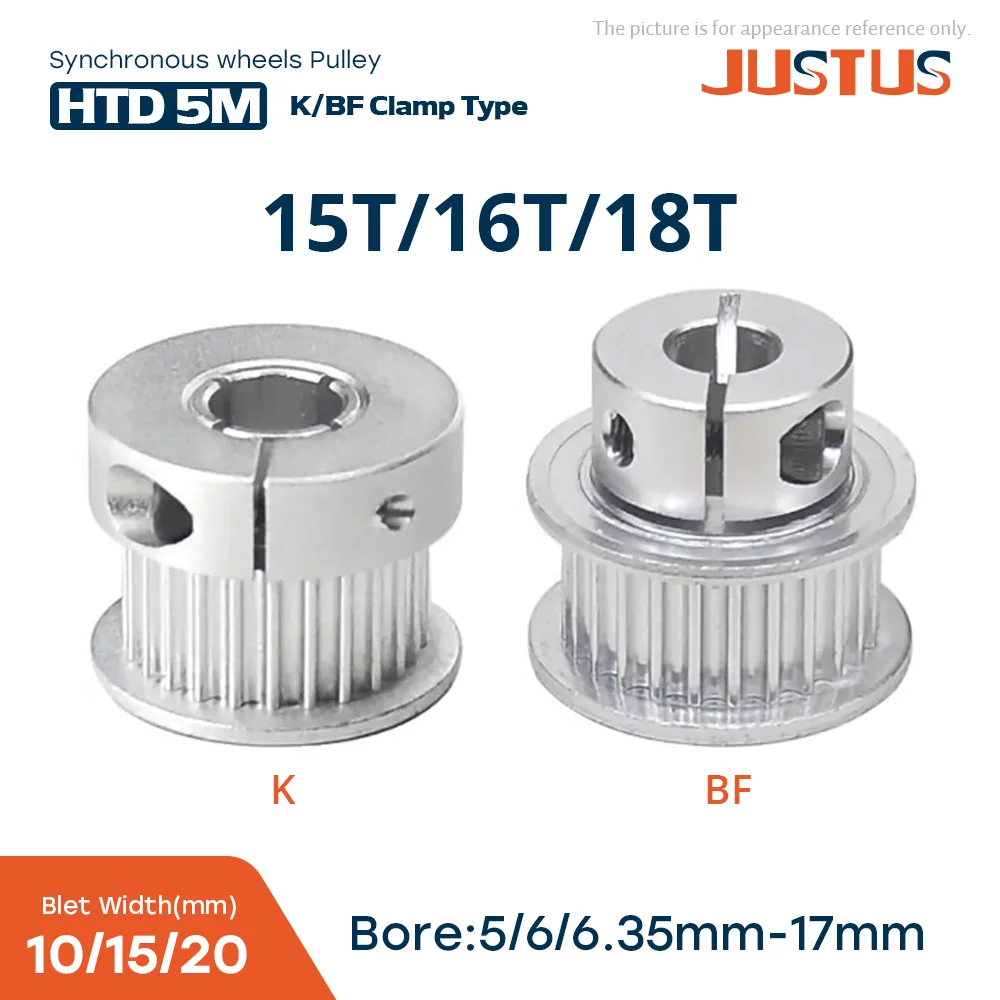 

HTD 5M K/BF Clamping Type 15T/16T/18Tooth Synchronous Wheels Bore 5-17mm for Belt width 10/15/20mm 3D Printer Accessories