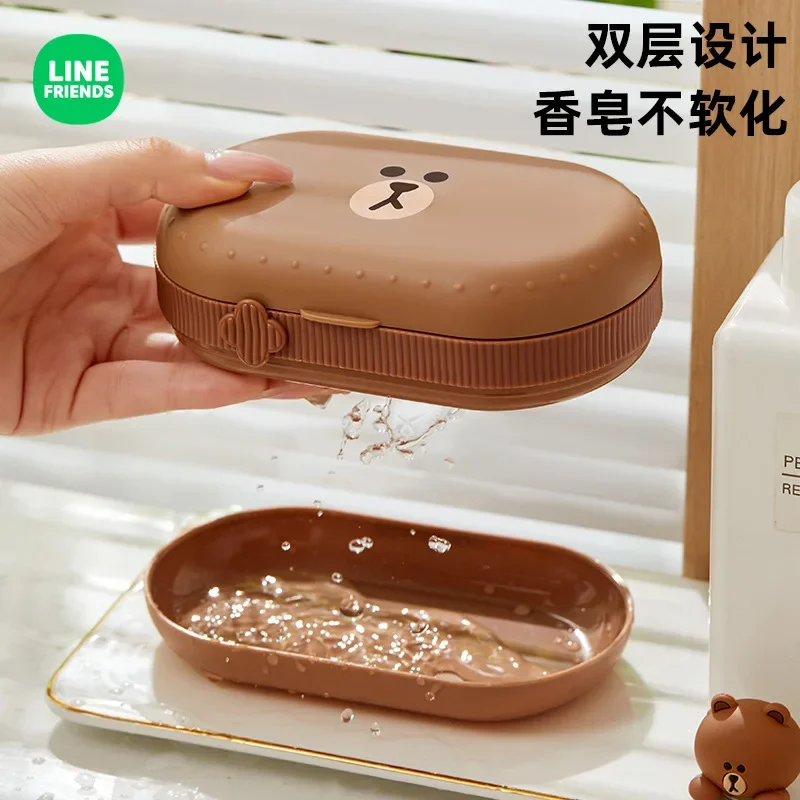 LINE FRIENDS Brown Soap Box Anime Kawaii Cony with Lid Drain Portable Cute Cartoon Household Student Dormitory Bathroom Soap Box