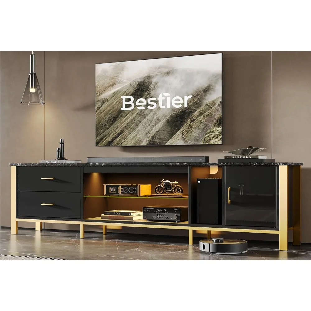 مركز ترفيهي حديث لأجهزة التلفاز مقاس 75-90 بوصة، وحامل تلفزيون ألعاب LED، وأرفف زجاجية لأثاث غرفة المعيشة #6