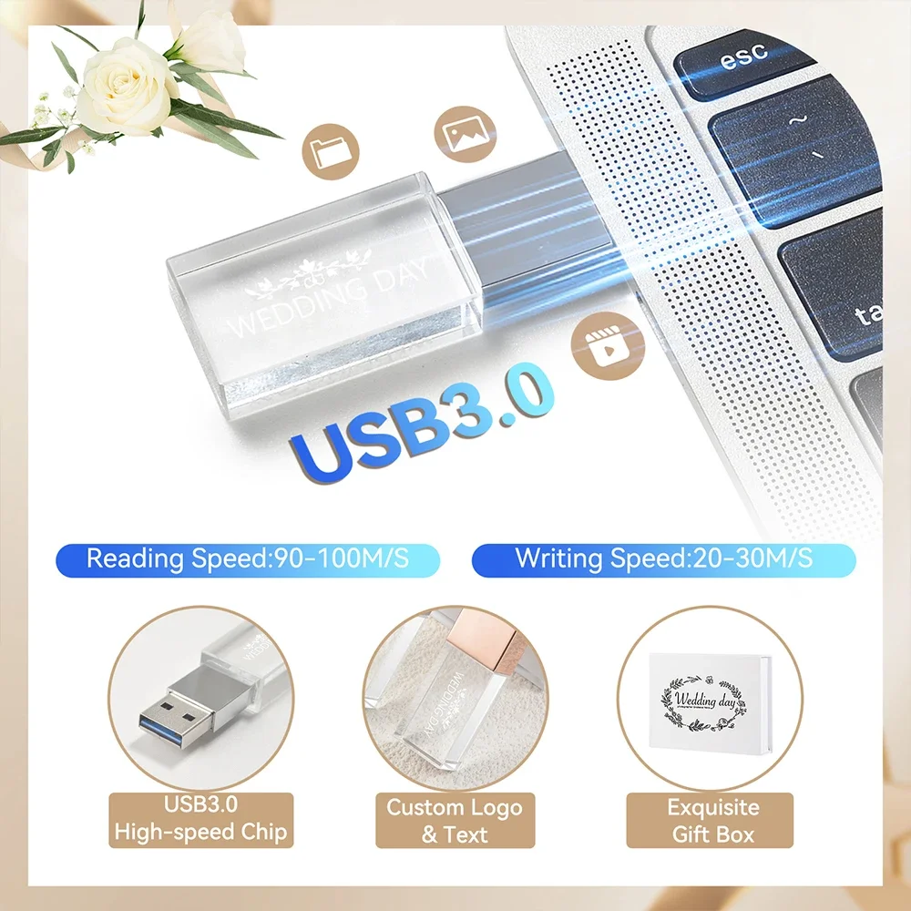 New Hot Crystal USB 3.0 Flash Drive 128GB Free Custom Logo Memory Stick 64GB High Speed Pen Drive 32GB Studio DIY U Disk 16GB