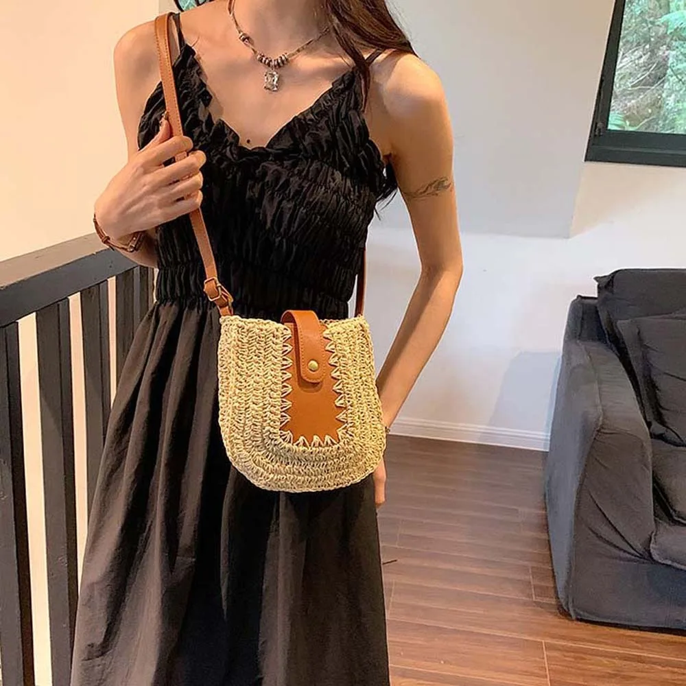

Portable Versatile Straw Weaving Saddle Bag Embroidered Retro PU Woven Bag Beige Magnetic Button Women Shoulder Pouch Sport