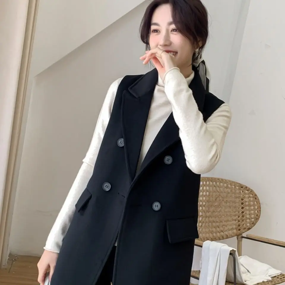 

Casual Women's Vest Autumn New Loose V-neck Fashionable Office Double Breasted Solid Color Mid Length Sleeveless Jacket F422