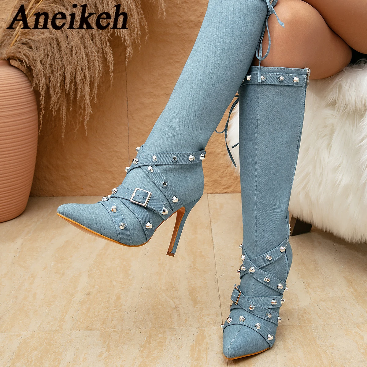 Aneikeh Fashion Women Autumn Sexy Booties Pointed Toe Rivet Strap Knee High Belt High-heeled Long Tube Blue Denim Boots Pumps