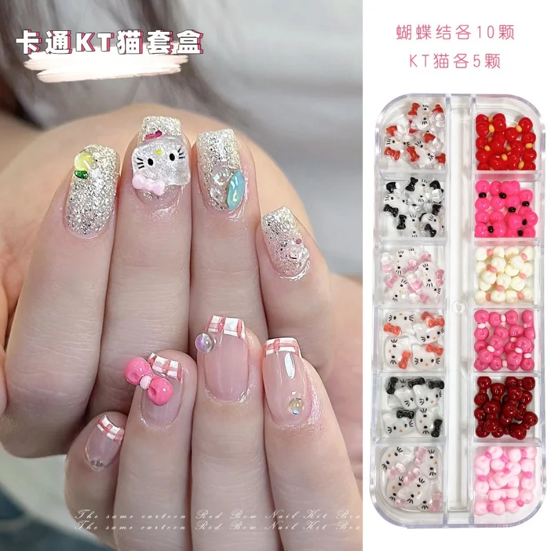 

New Kawaii Anime New Kitty Cat Bow Combination Nail Accessories Ins Cute KT Cat Nail Salon Exclusive Accessory Set