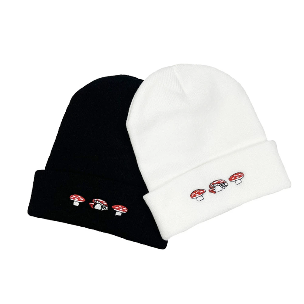 1pcs Fashion Knitted Hat Trendy New Cute Three Mushroom Embroidery Cap Couple Gift Outdoor Autumn And Winter Black White