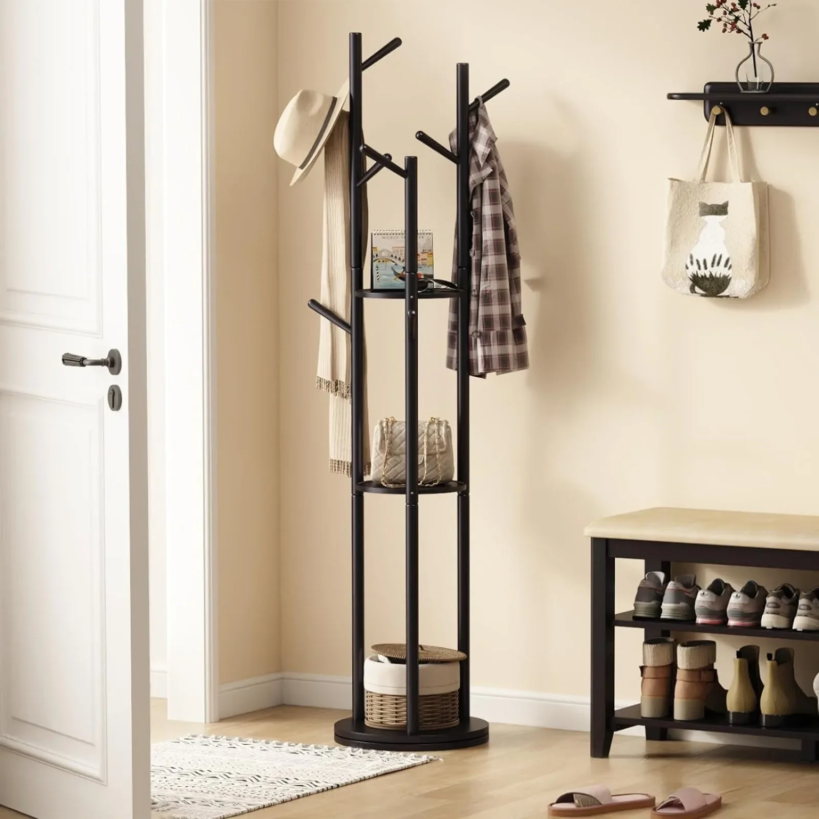 KungFuWood Rotary Coat Rack, Wooden Coat Rack, Freestanding with 3 Shelves and 9 Hooks, Coat Tree