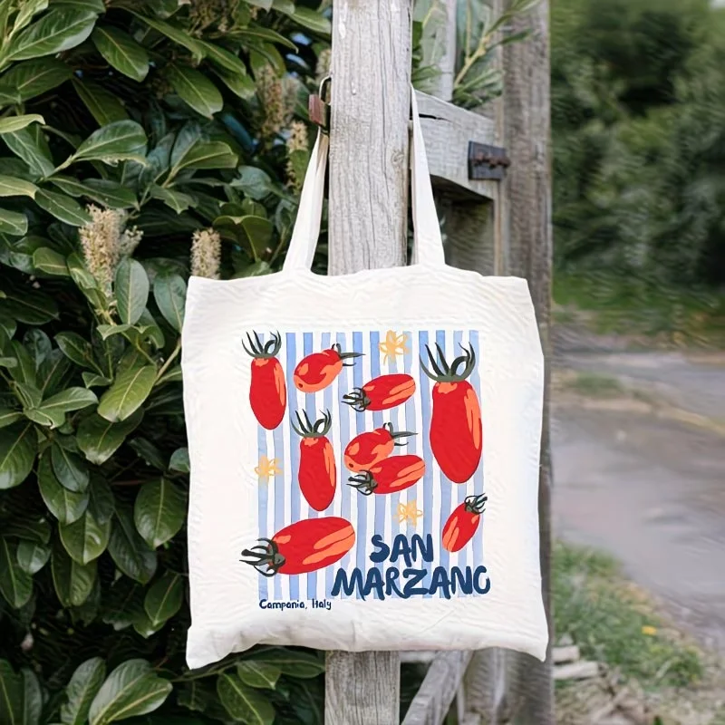 Bolsa de Lona Reutilizable con Estampado de Tomates San Marzano, Diseño Italiano de Campania con Fondo a Rayas