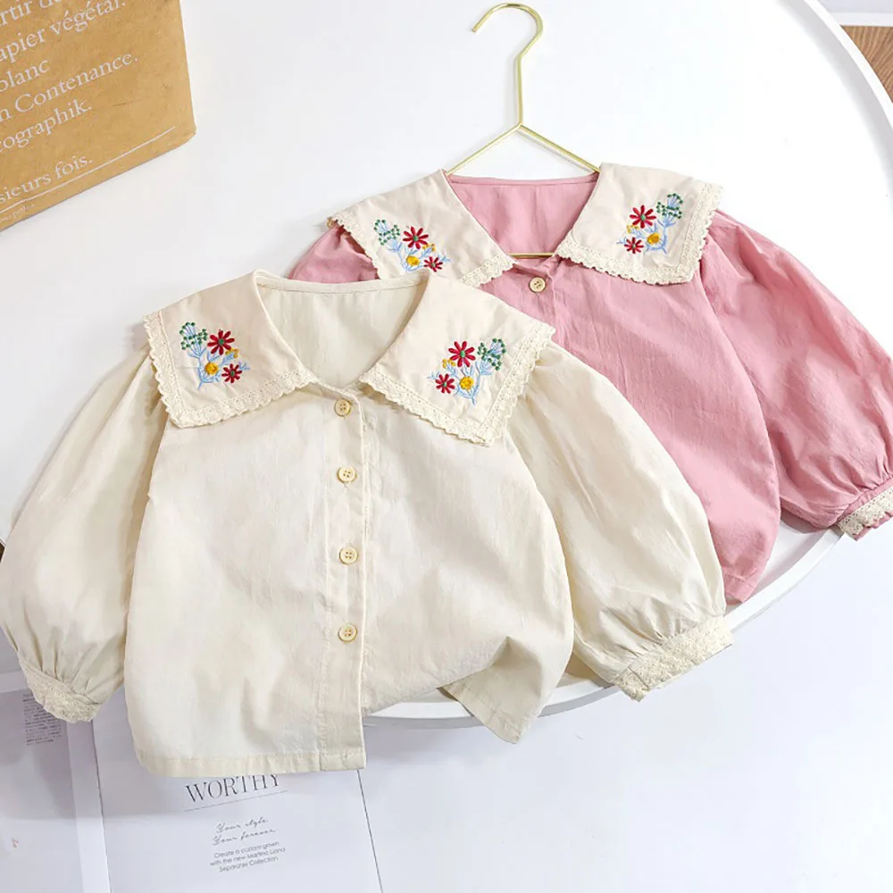 Kids Girls Blouse Floral Embroidery Peter Pan Collar Shirts Spring Long Sleeve Single-Breasted Shirt Tops Children Clothes 1-6Y