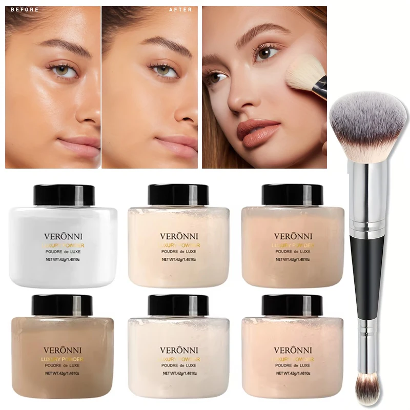 مجموعة بودرة سائبة مكونة من 6 ألوان تتضمن فرشاة مزدوجة الرأس، لمسة نهائية غير لامعة، تغطية كاملة، تحكم في الزيت، مقاومة للعرق، مقاومة للتلطخ، تدوم طويلاً