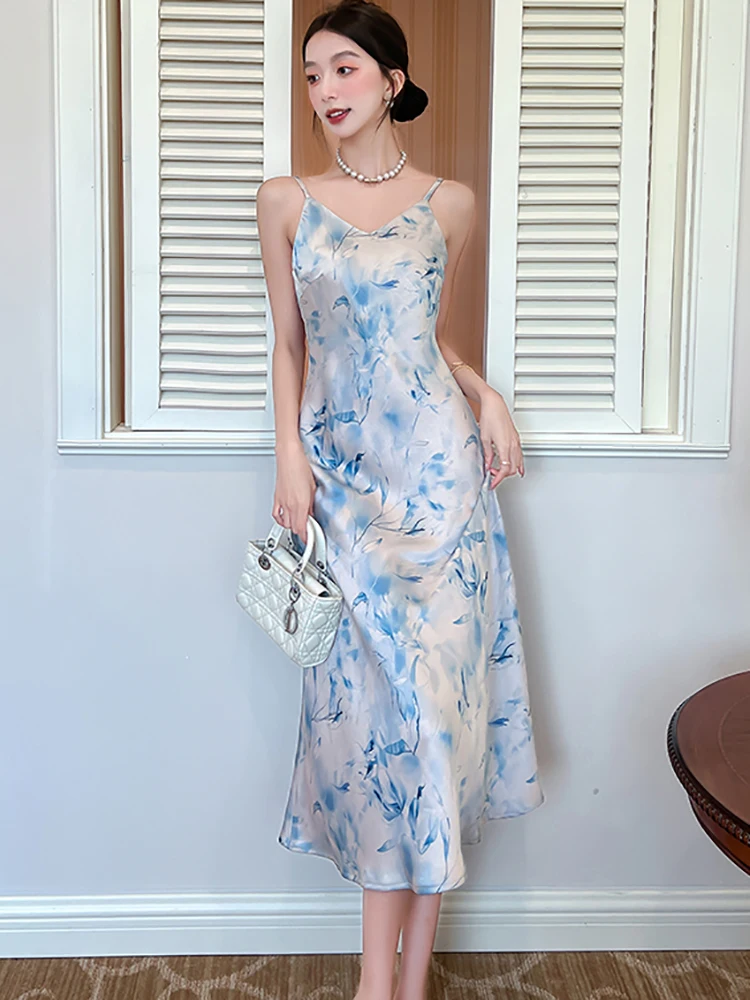 2025 自由奔放に生きるグリーン花柄サテンシックなスリングセクシーなロングドレス女性エレガントなフリルカジュアルホリデードレス夏ボディコンフェスティバルドレス