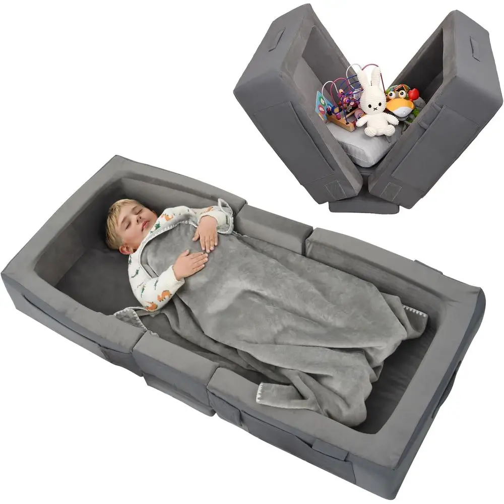 

Toddler Travel Bed – Portable oldable Sot oam loor Bed or Kids 1–4yr, No Assembly, Washable Cover, Built-in Saety Rails, Compact