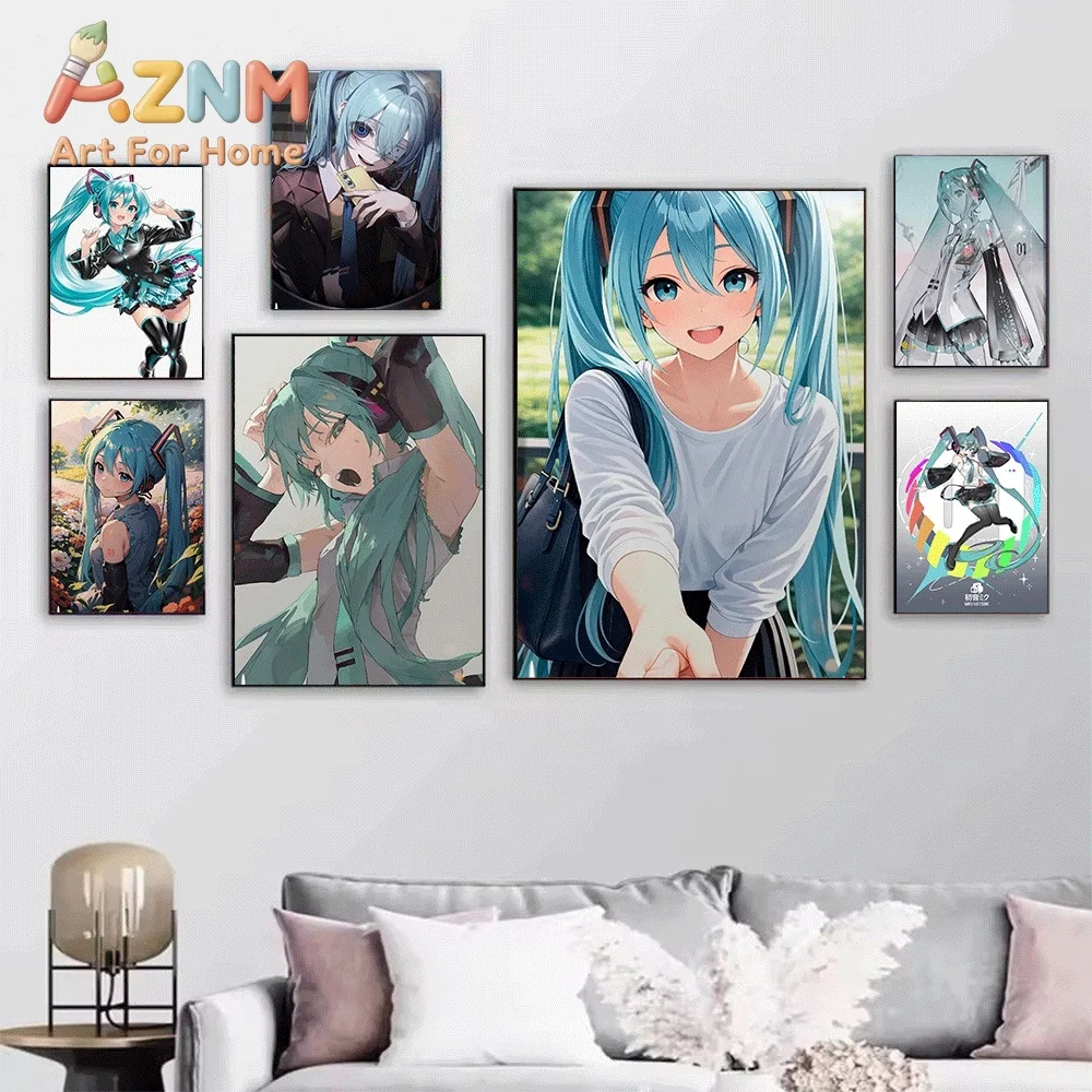 Hatsune Miku Summer Watermelon School Uniform Black Dress Casual Collage Canvas Painting Unframed Anime Vocaloid Wall Art Post