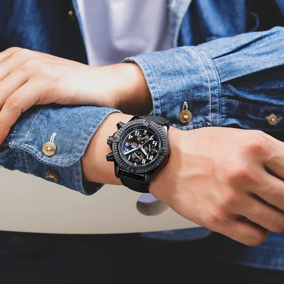 ساعات أوتوماتيكية للرجال ميكانيكية ذاتية الرياح من القماش الأصلي باللون الأسود والأزرق متعددة الوظائف مضيئة Reloj Hombre Baratos