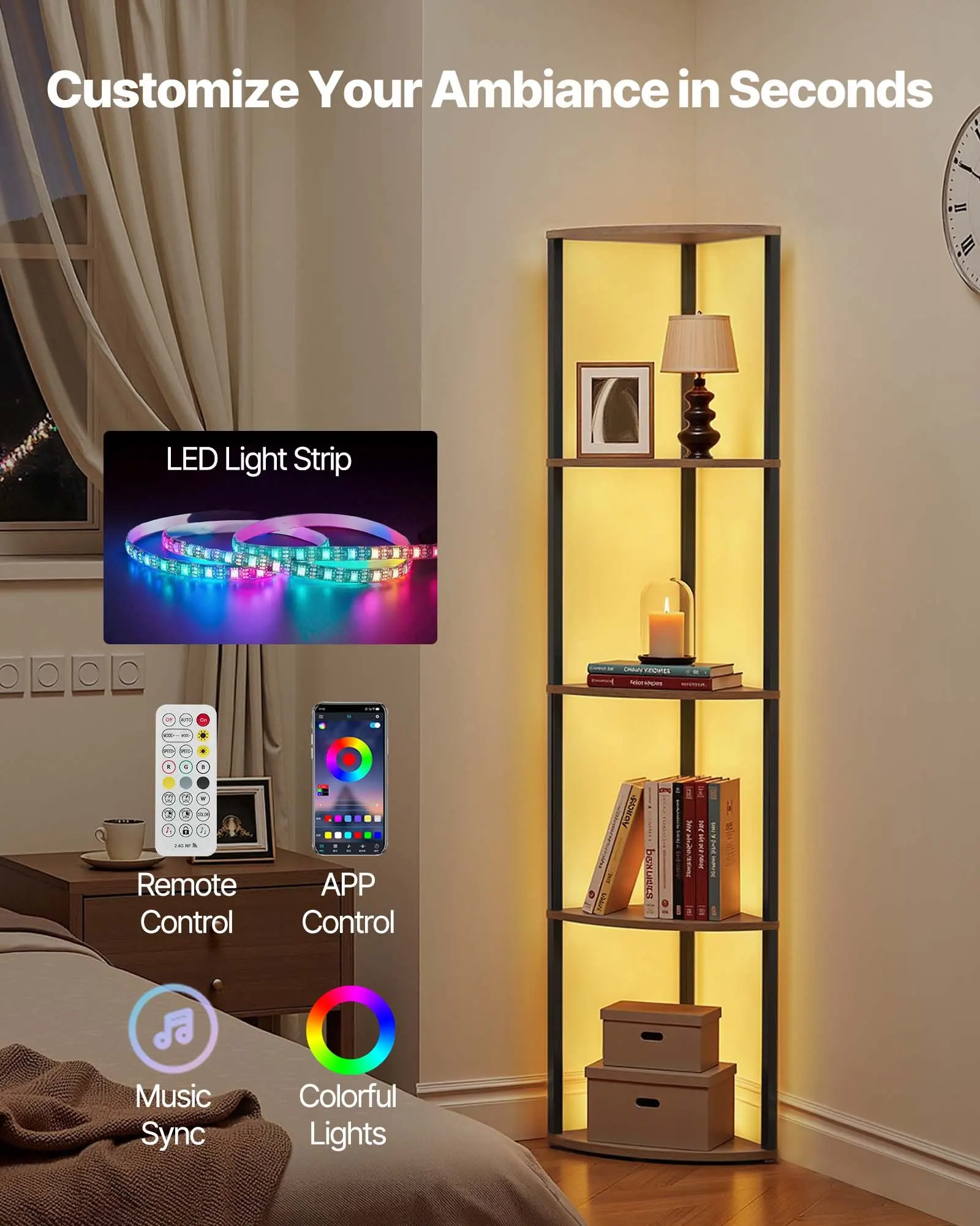

5 Tier Corner Shelf With LED Light, 64" Tall Corner Bookshelf With Storage Shelves For Collectibles, Display Shelf With Multi-color Lights Controlled Via RC/APP For Bedroom, Living Room, Office