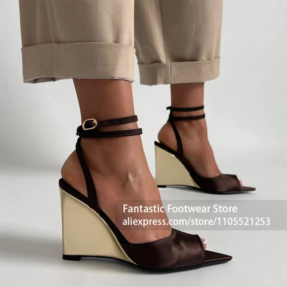 Metallic Gold Wedge Heel Sandals Pointed Peep Toe Double Ankle Strap Summer Shoes Satin Two Tone Buckle High Heel Women Sandals view 3
