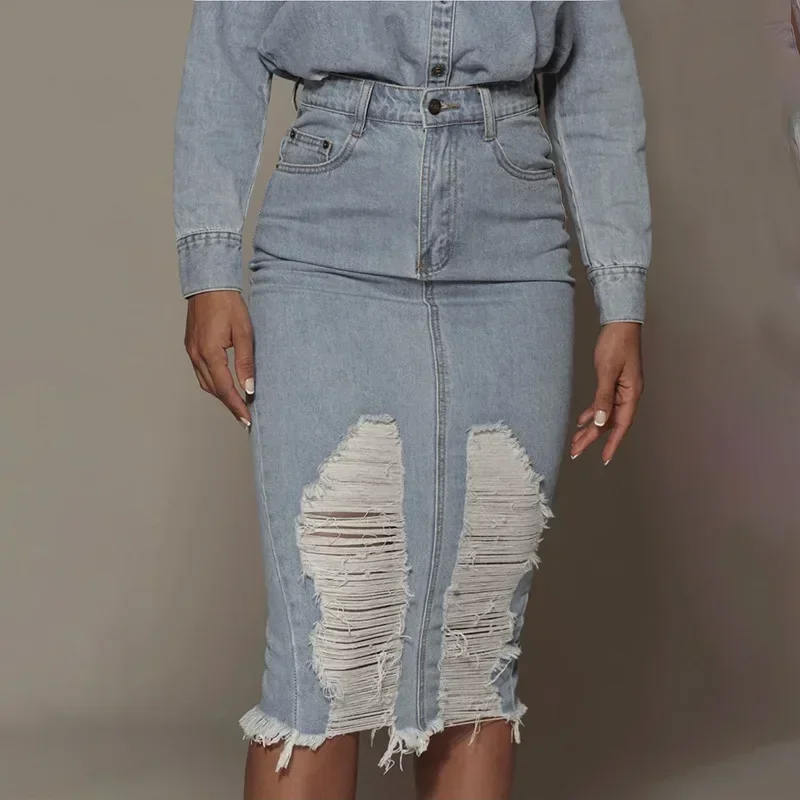 

Hole Denim Midi Skirt Women 2024 Spring Summer High Waist Streetwear Sexy Buttocks One Step Skirts Bodycon Vintage Jean Skirts
