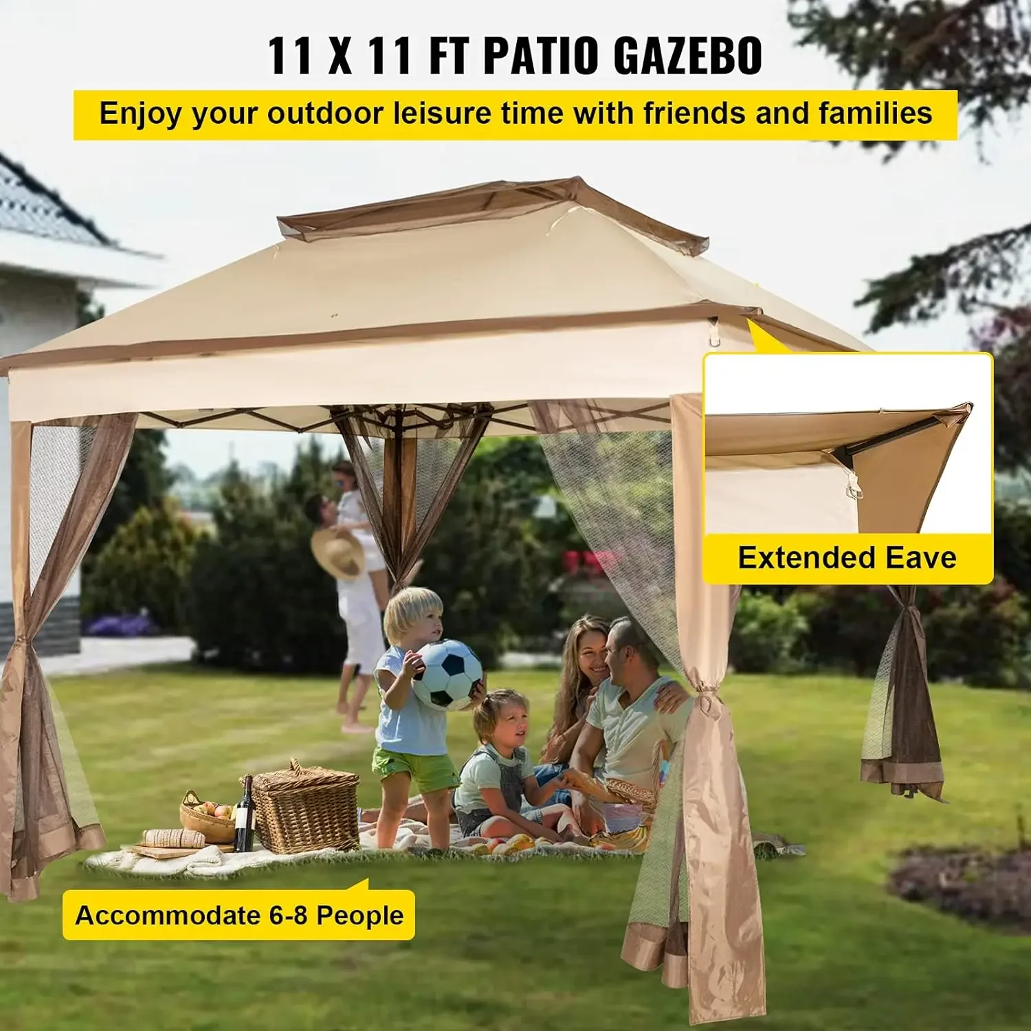 

Outdoor Canopy Gazebo Tent,Portable Shelter with 11x11 Large Shade Space for Garden,4 Sandbags,Carrying Bag and Netting Included