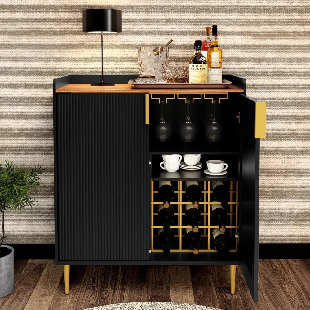 ARTPOWER Credenza Buffet con struttura scanalata, mobiletto moderno da bar con portabottiglie e cassetti, mobiletto per liquori nero