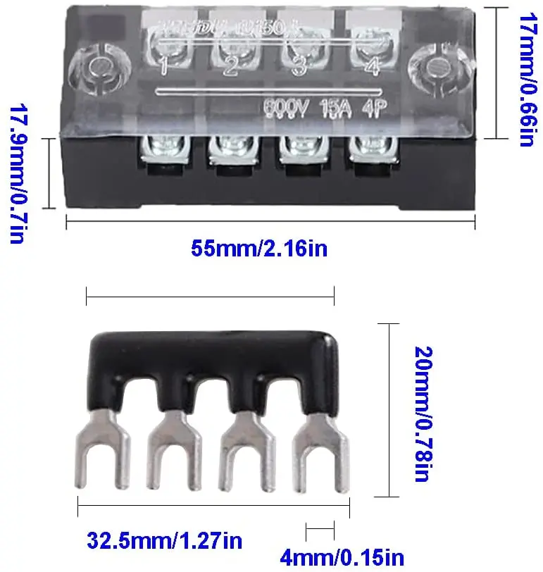 Terminal Block Dual Rows Covered Screw Terminal Block + 4 Positions Pre-Insulated Fork Terminal Barrier Strip