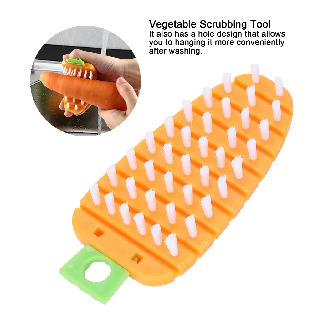 2pcs Carrot Shape Vegetable Brush Flexible Design Bendable Bristles Potato Scrubbing Brush Hanging Hole Kitchen Scrubber