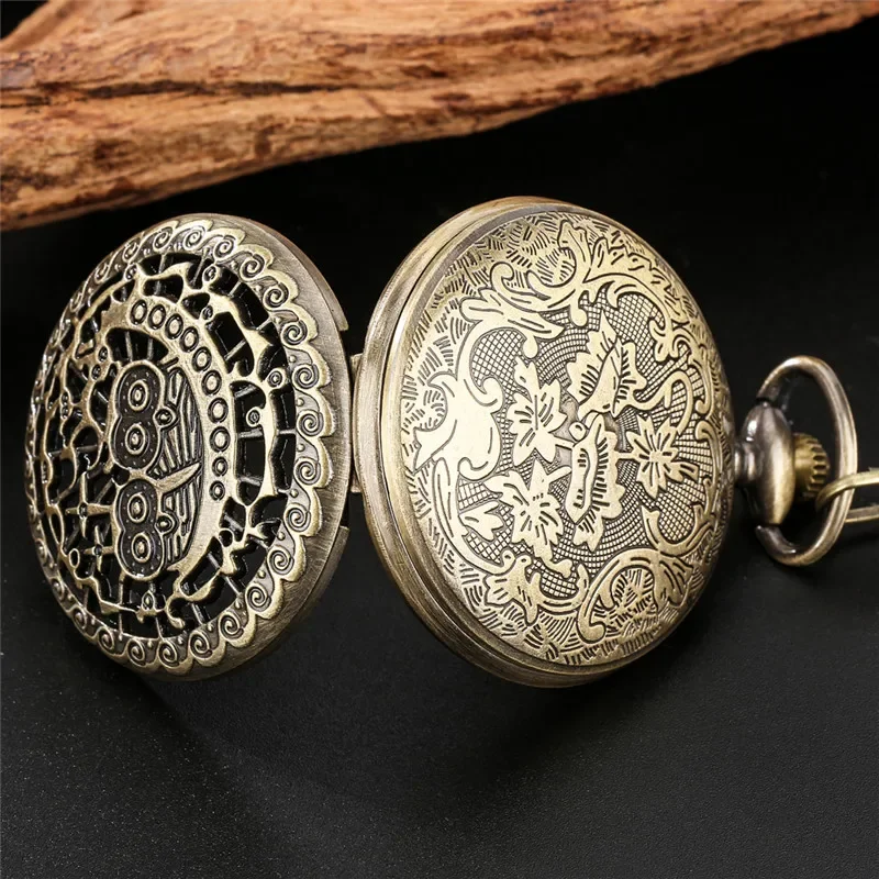 Old Fashion Hollow Out Cover Two Night Owls Pattern Men Women Antique Quartz Analog Pocket Watch Sweater Pendant Chain Gift