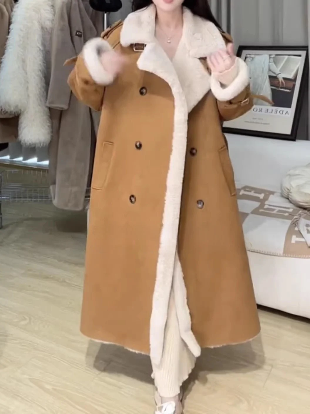Lamb Fur Jaet Women's Mid-Length Coat Fall Winter Deer Skin Velvet Lamb Velvet Faux Fur Street Sle Long Coat Premium Feel