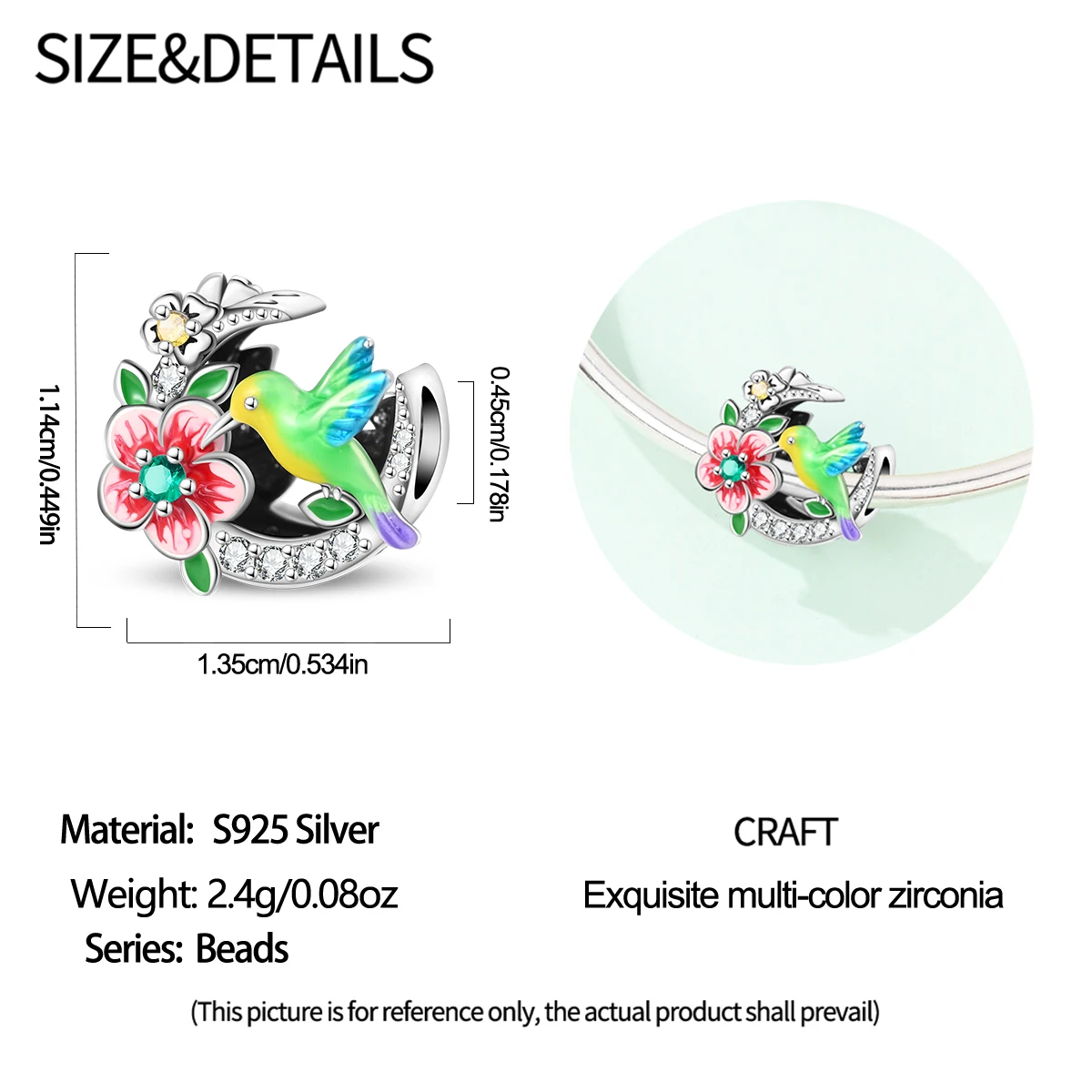 925 Sterling Silver Enamel Hummingbird & Flower Dangle Charm Colorful Zircons beads Fit Bracelets Jewelry Gift for Women Girls