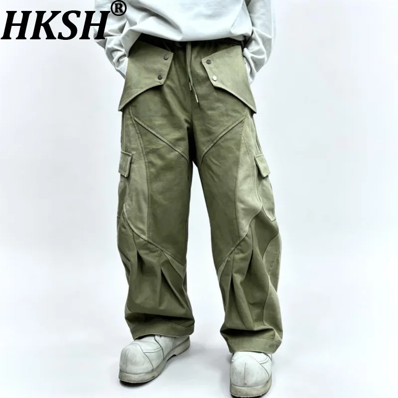 HKSH Autumn Winter New Men Tide Chic Ins Retro Washed Tailored Patchwork Safari Style Cargo Pants Unique Wide-Leg Trendy HK28108