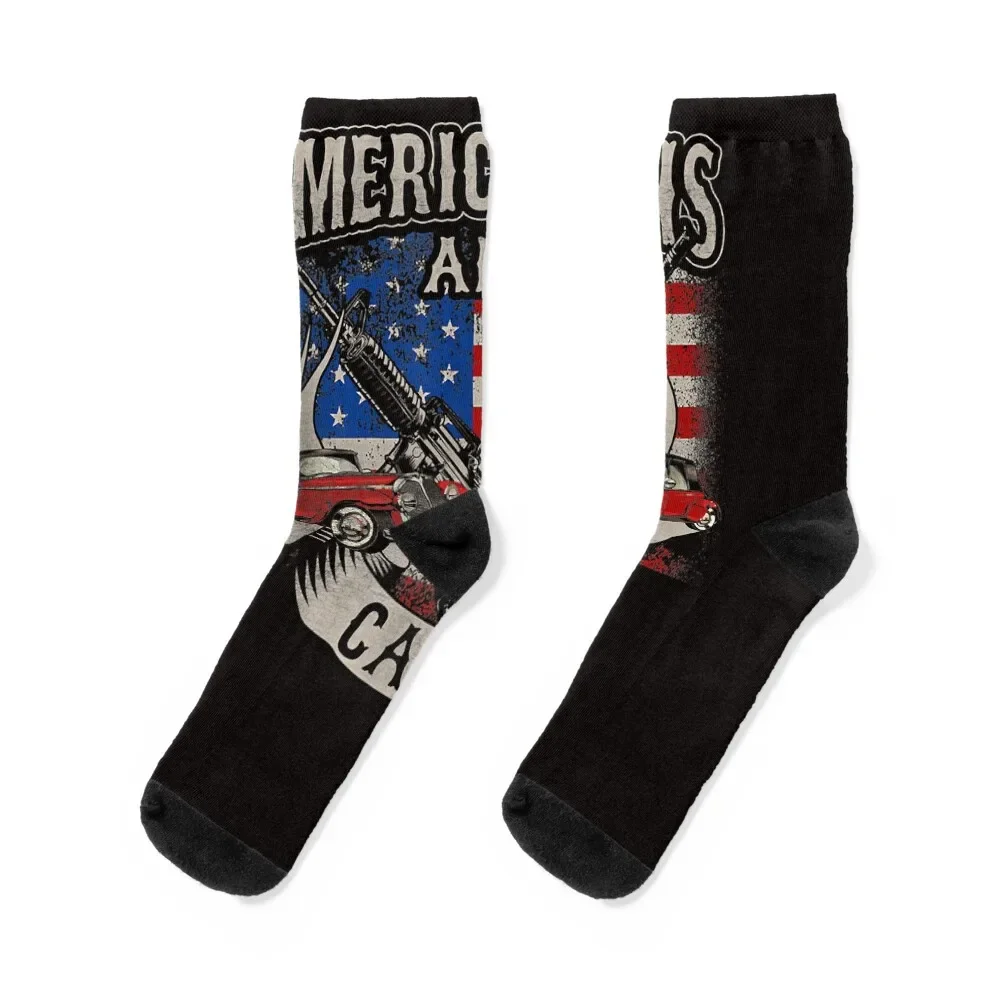 America Guns and Cars - Vintage American Flag US Patriot T-Shirt Socks Stockings compression custom tennis Socks Men Women's